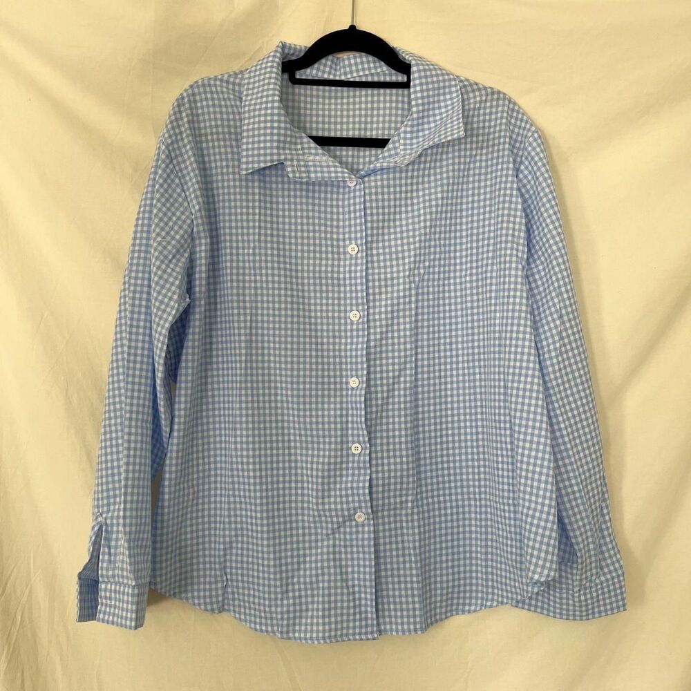 100% Linen Lightweight Button Up Blouse Shirt Blue White Gingham Plaid XXL